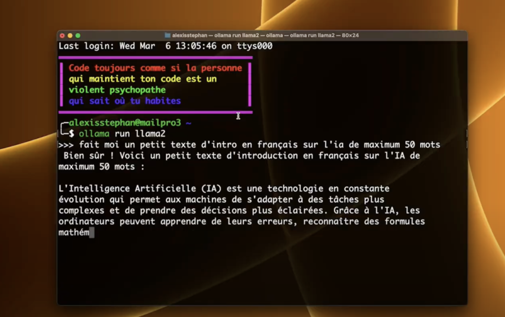 installation LLama2 ordinateur, fonctionnement IA sans internet, IA Meta sur PC, guide installation LLama2, utiliser LLama2 sans connexion, IA traitement texte offline, IA codage autonome, exécuter LLama2 terminal, Ollama.com LLama2, IA sans internet avantages, IA pour copywriting offline, IA intégration outils quotidiens, LLama2 vs GPT-3.5, IA puissante sans internet, IA conversationnelle offline