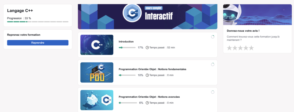 formation C++, apprentissage du C++, cours en ligne C++, tutoriels C++, développement logiciel en C++, programmation en C++, bases du C++, avancées C++, certification C++, maîtriser le C++