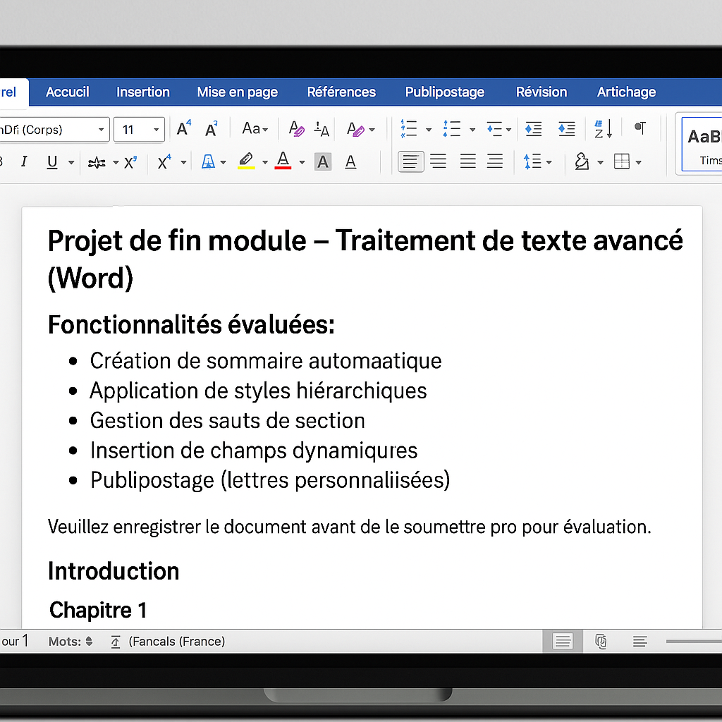 Évaluation Word pour mesurer les compétences acquises dans l’utilisation de Microsoft Word, tester la maîtrise des fonctionnalités avancées, des outils de mise en page, de la création de tableaux et graphiques, et de la gestion de documents complexes dans un cadre professionnel ou éducatif, avec des exercices pratiques et des tests de performance.